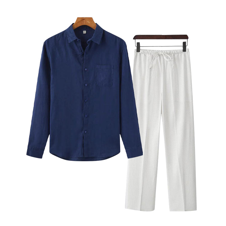 Navy Blue Linen Shirt and White Linen Pants Summer Set for men